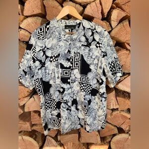 Vintage Black‎ White Greek Key Floral Checkered Print Button Down Shirt Large